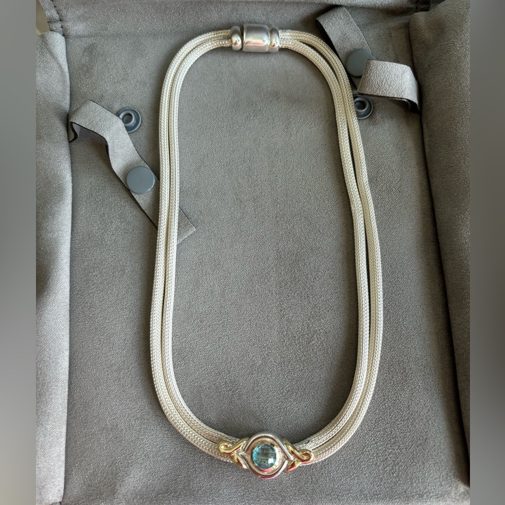 Vintage Silver Mesh w/18k Gold Natural Aquamarine Necklace